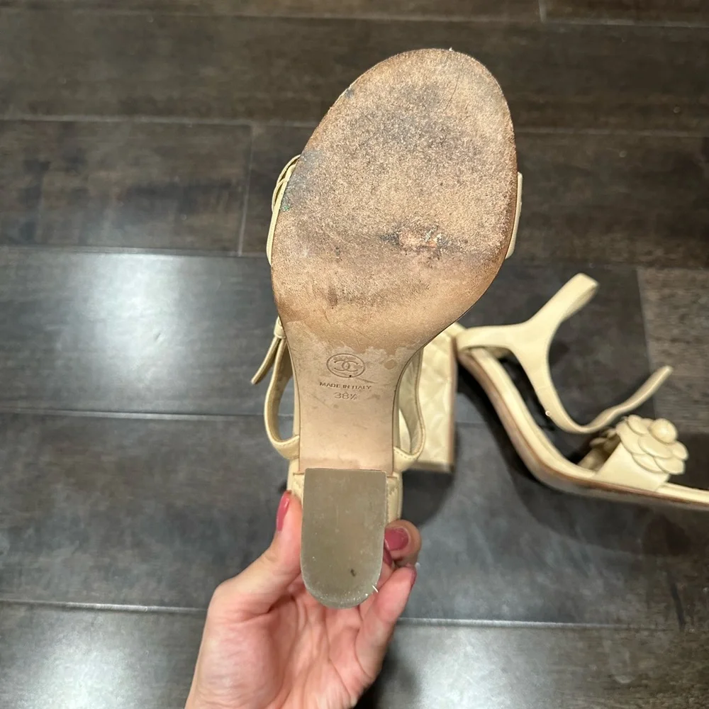 CHANEL Camellia Quilted Leather Block Heel Sandals Beige EU 38.5